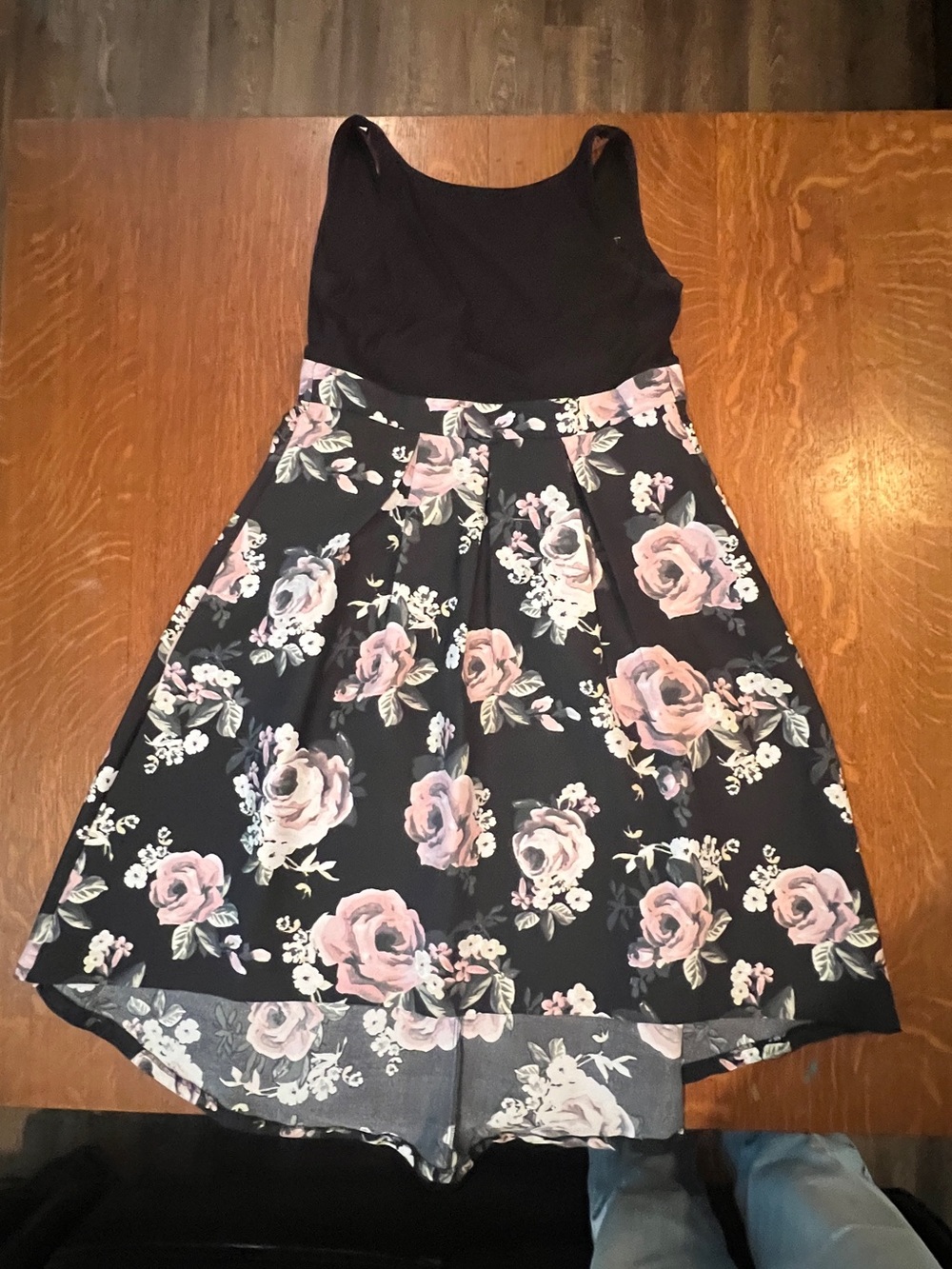Black & Pink Floral Fit-and-Flare Evening Gown
